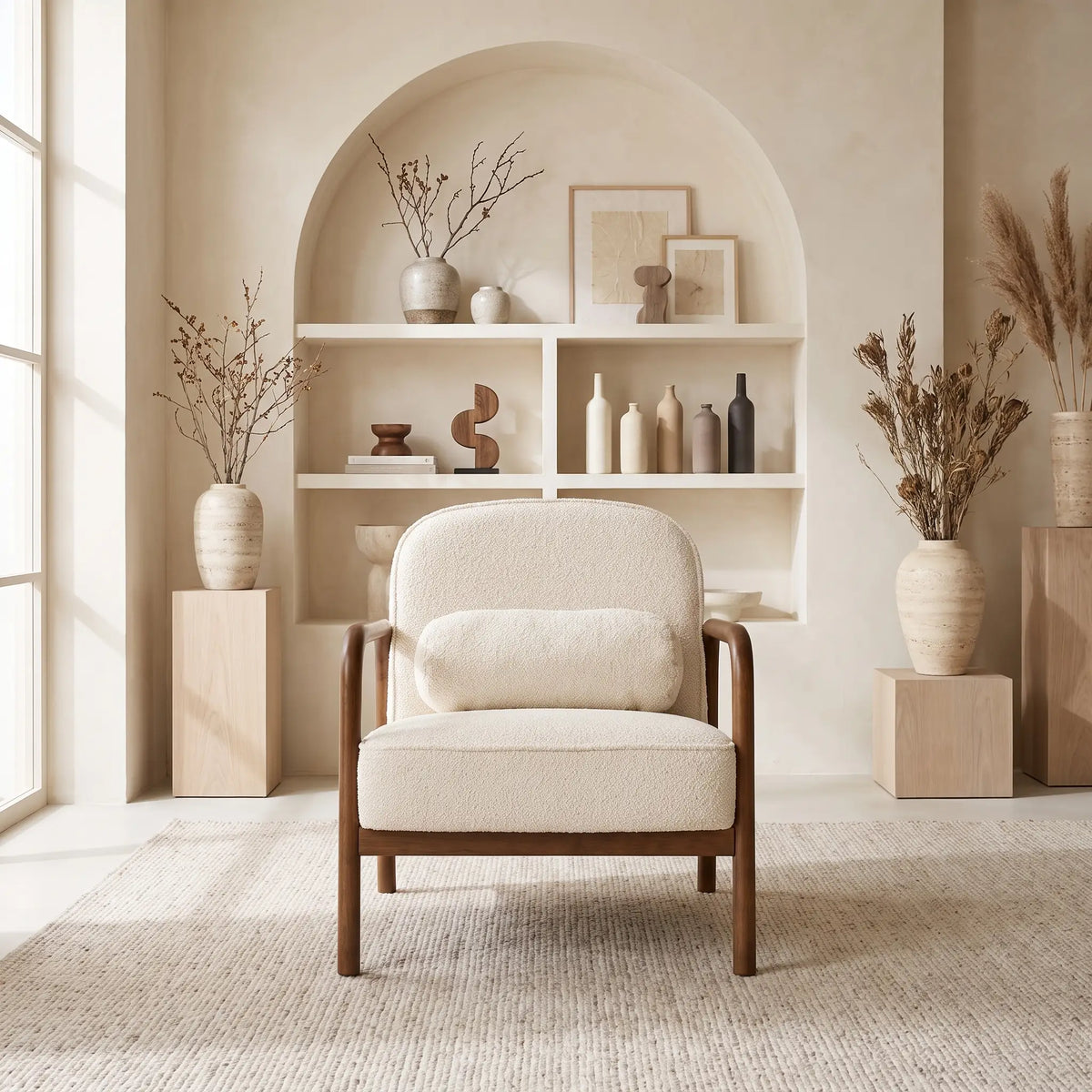 Fauteuil Japandi à dossier arrondi en bois d'hévéa et bouclette crème - Amelie