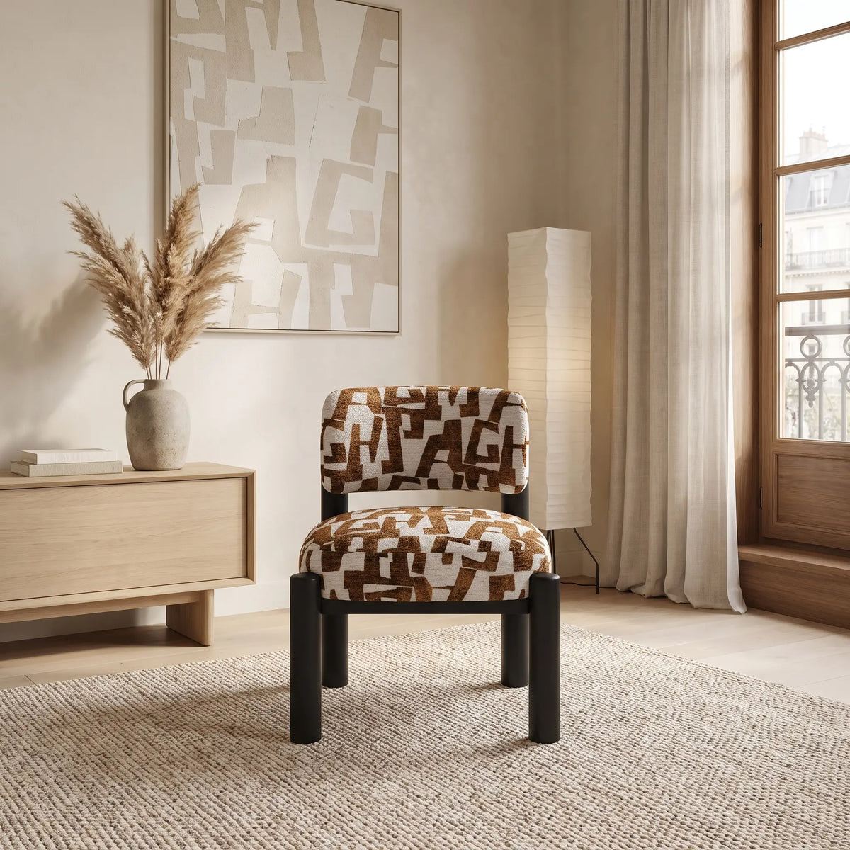 Fauteuil Japandi en tissu texturé à motif caramel - Ely