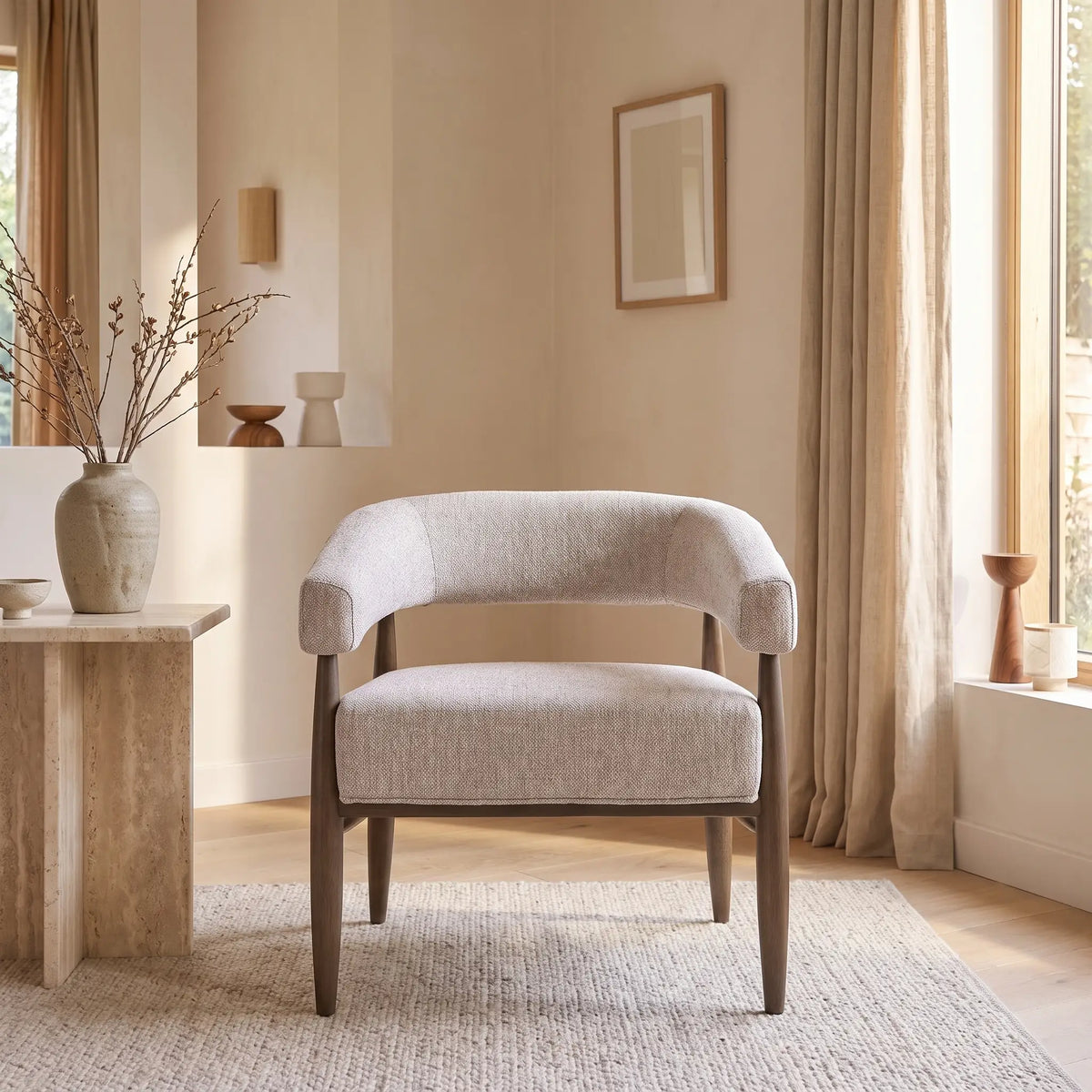 Fauteuil Japandi en bois de hêtre massif et tissu chiné beige - Éloi