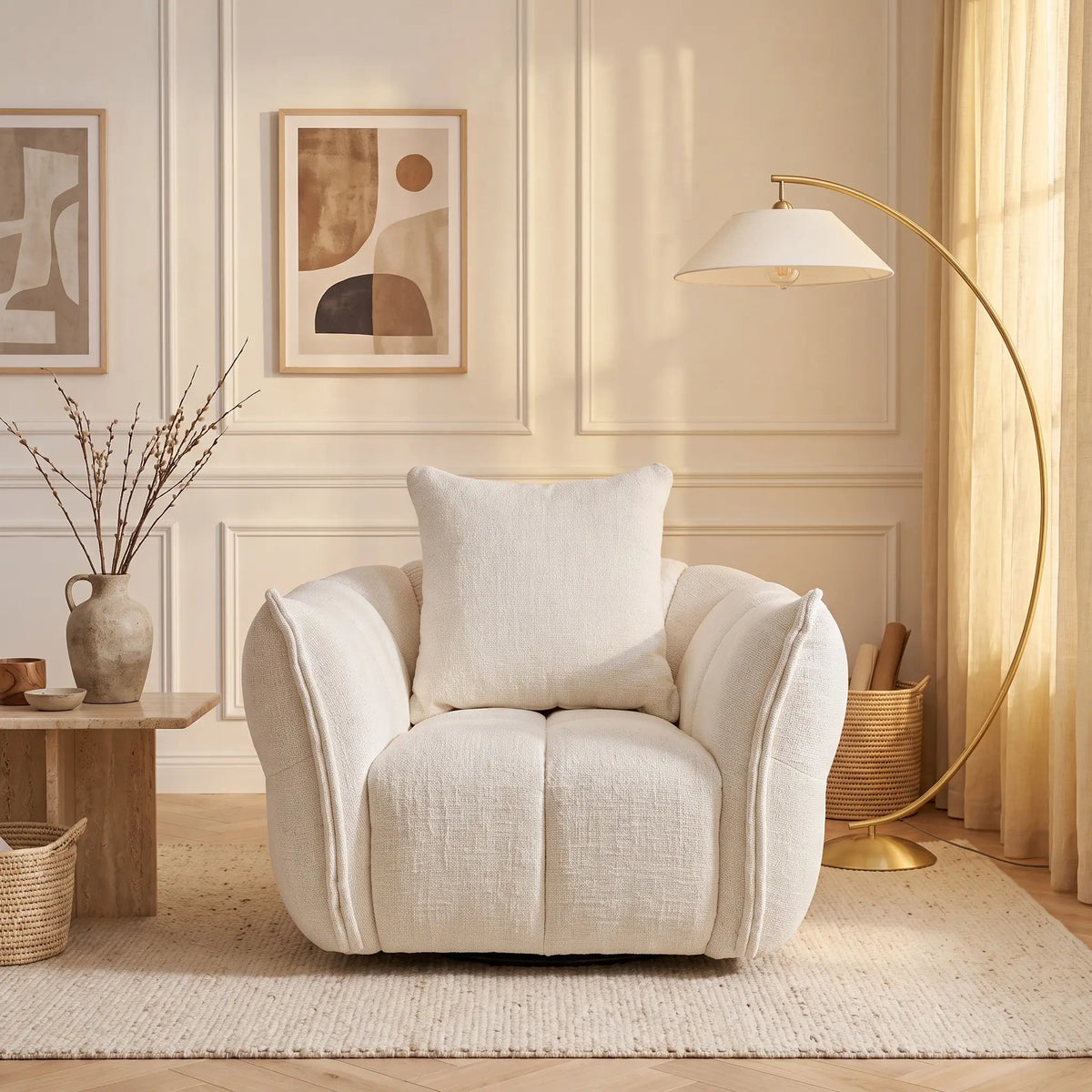 Fauteuil Japandi matelassé en tissu texturé blanc cassé - Kimaca