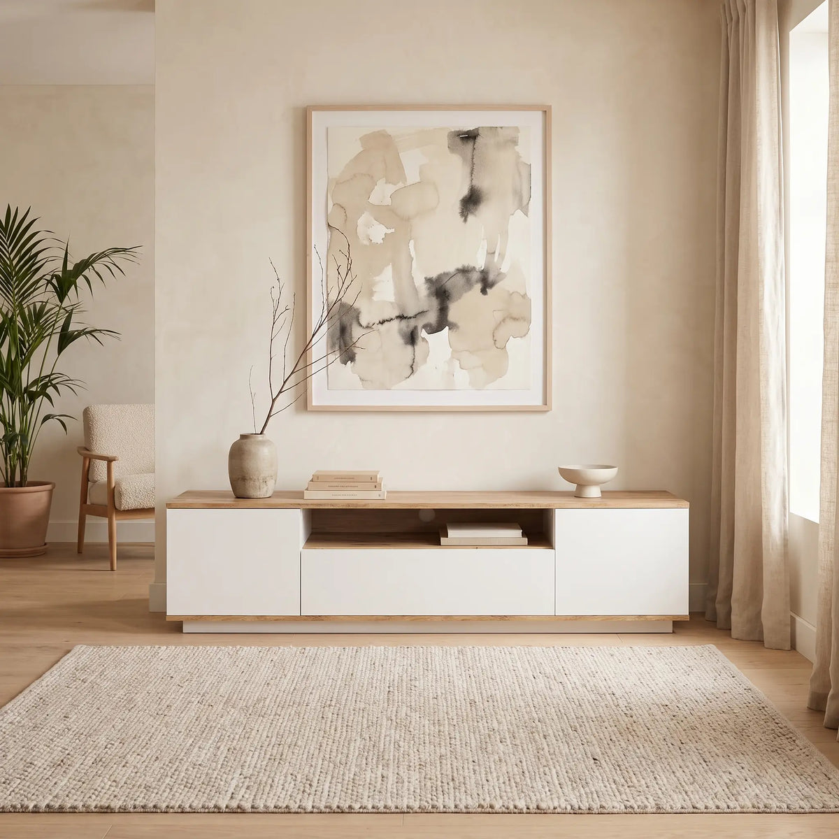 Meuble TV Japandi 3 portes et 1 niche blanc et effet bois naturel 180 x 44,6 cm - Lotula