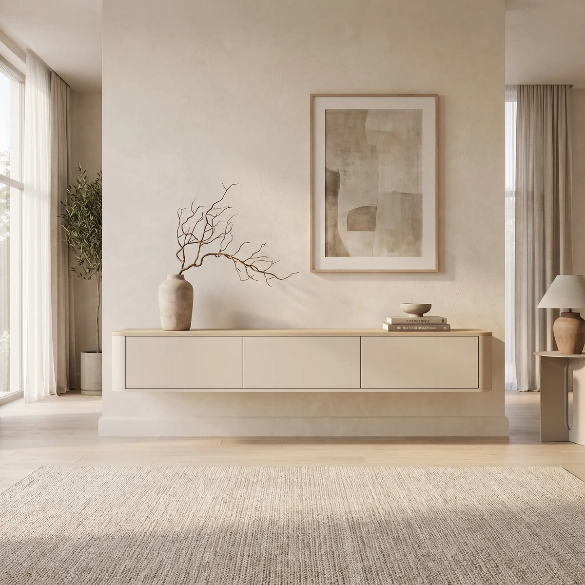 Meuble TV Japandi suspendu 3 portes avec LEDs beige et naturel clair 200 x 28,2 cm - Ajuga