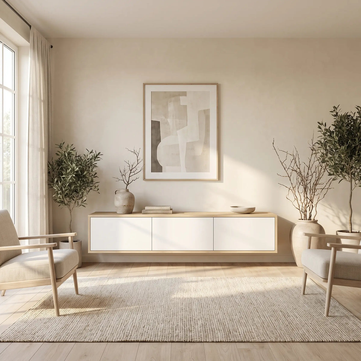 Meuble TV Japandi suspendu 3 portes blanc et effet bois naturel clair 180 x 29,5 cm - Vikila