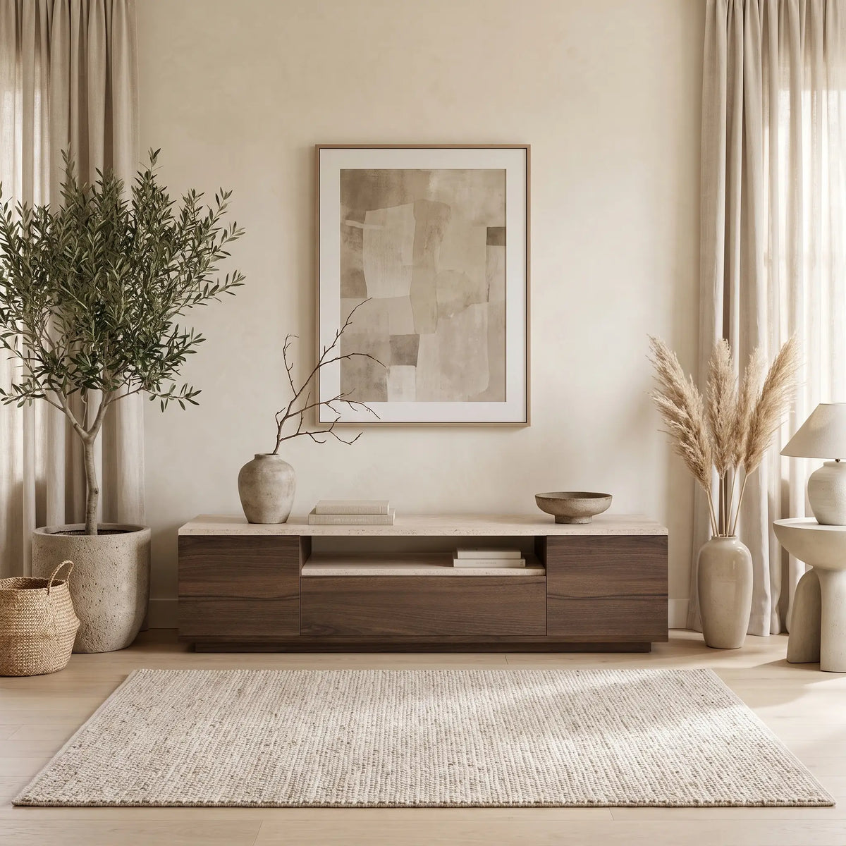 Meuble TV Japandi 3 portes et 1 niche effet travertin et bois naturel foncé 180 x 44,6 cm - Lotula