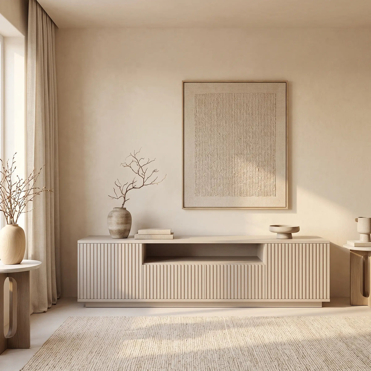 Meuble TV Japandi 3 portes et 1 niche façade rainurée beige 180 x 44,6 cm - Erolya