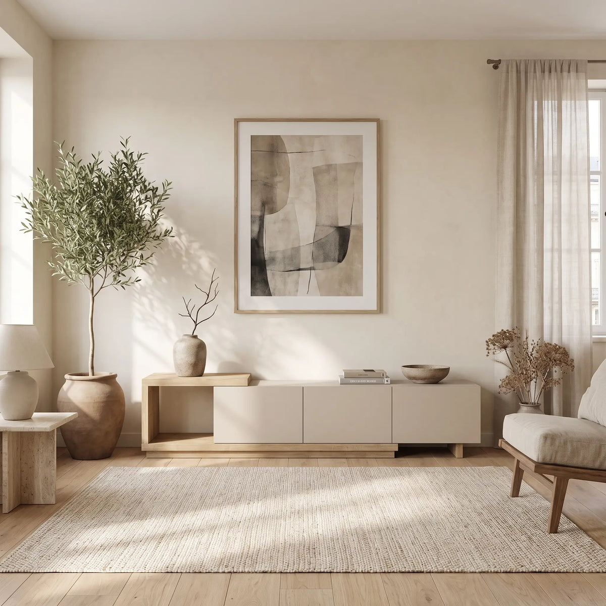 Meuble TV Japandi 3 tiroirs et 1 niche beige et naturel clair 200 x 40 cm - Dukian