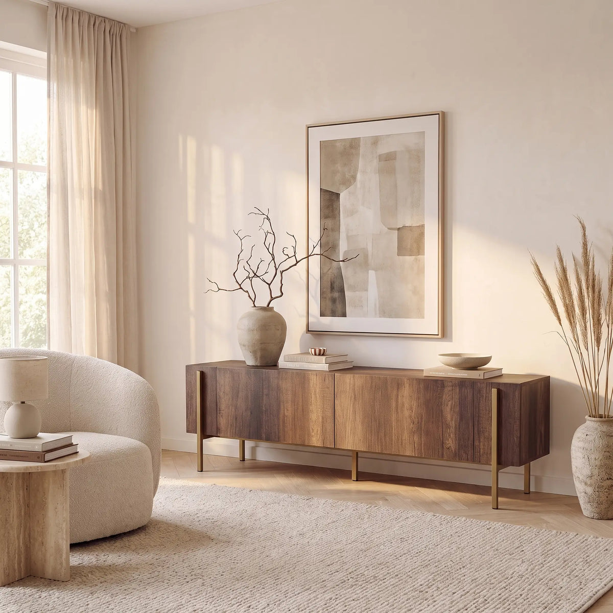 Meuble TV Japandi 2 portes mélaminé naturel foncé et métal doré 180 x 45 cm - Selnia
