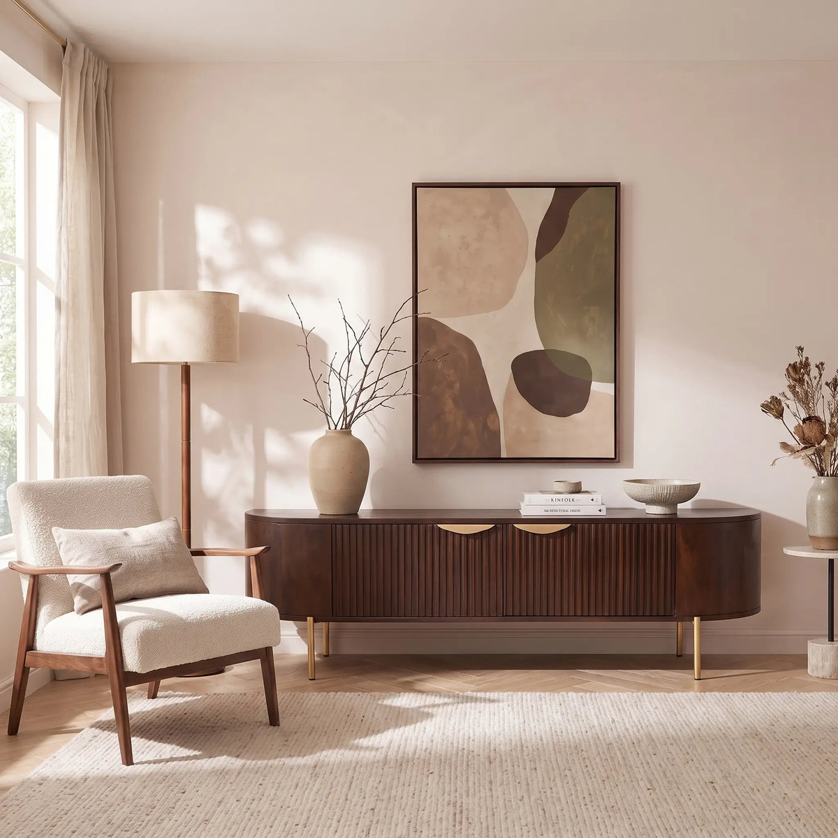Meuble TV Japandi 2 portes rainurées en bois de manguier et métal doré 160 x 45 cm - Nevili