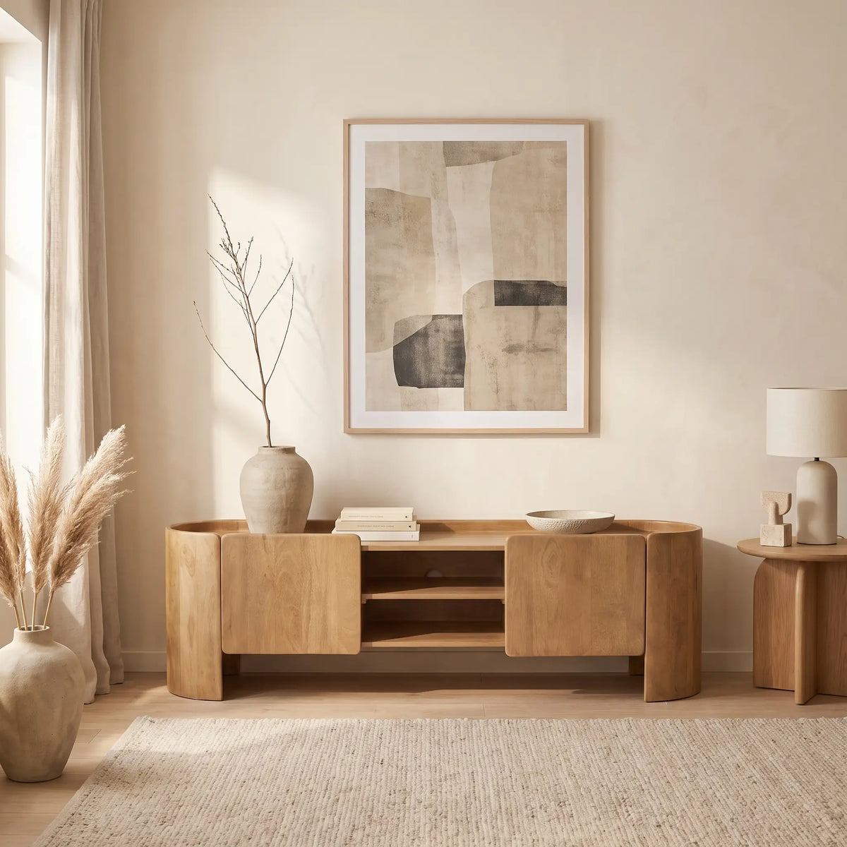 Meuble TV Japandi 2 portes et 2 niches en bois de manguier massif naturel 165 x 50 cm - Islara