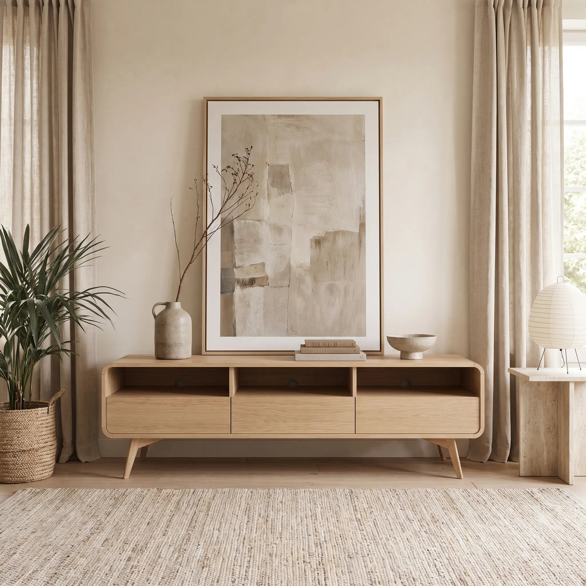Meuble TV Japandi 3 tiroirs et 3 niches mélaminé naturel 180 x 53 cm - Jalemo