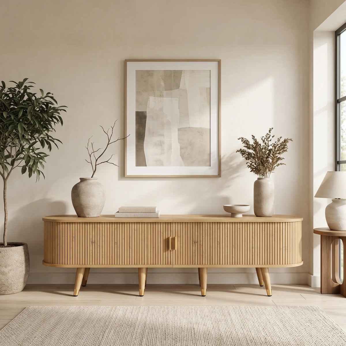 Meuble TV Japandi 2 portes coulissantes et 2 tiroirs en MDF effet bois naturel 175 x 45 cm