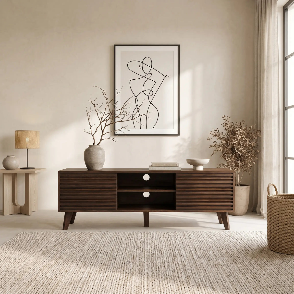 Meuble TV Japandi 2 portes coulissantes cannelé décor noyer foncé 135 x 51,5 cm - Fribourg
