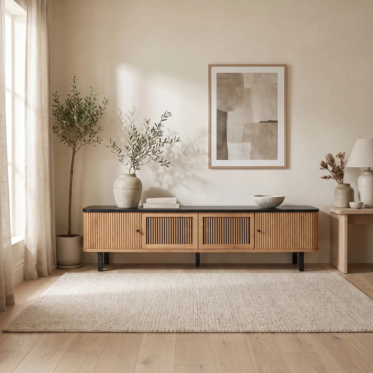 Meuble TV Japandi portes coulissantes et façade grille effet bois naturel 190 x 45 cm