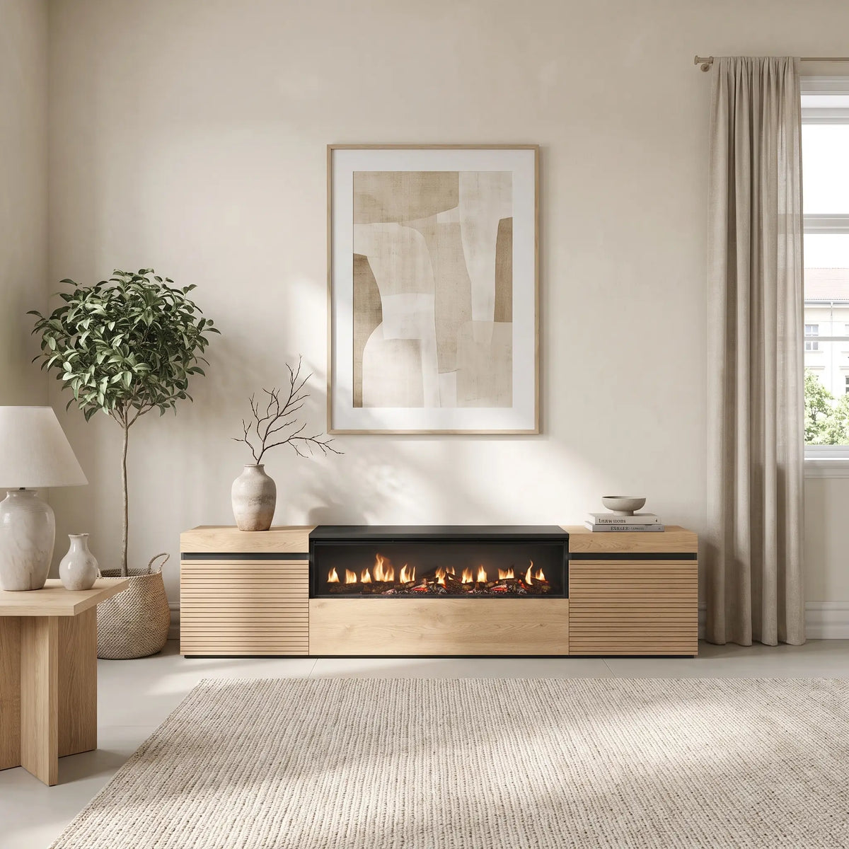 Meuble TV Japandi avec cheminée électrique 2 portes effet chêne 203 x 45 cm