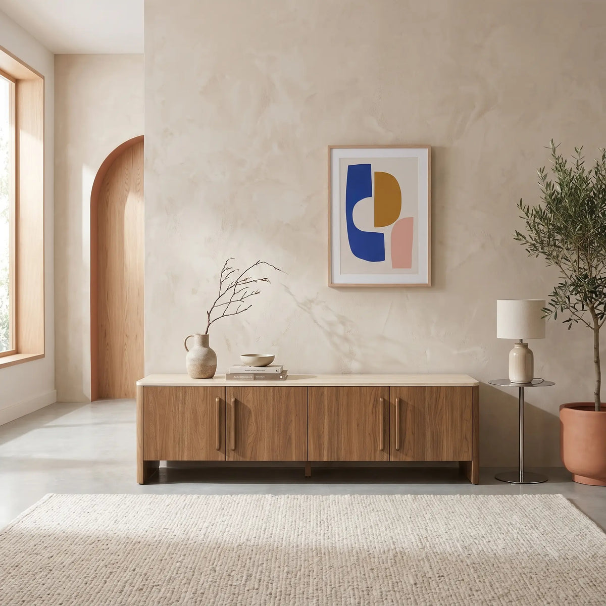 Meuble TV Japandi 4 portes décor noyer et plateau effet travertin 180 x 50 cm - Aretha