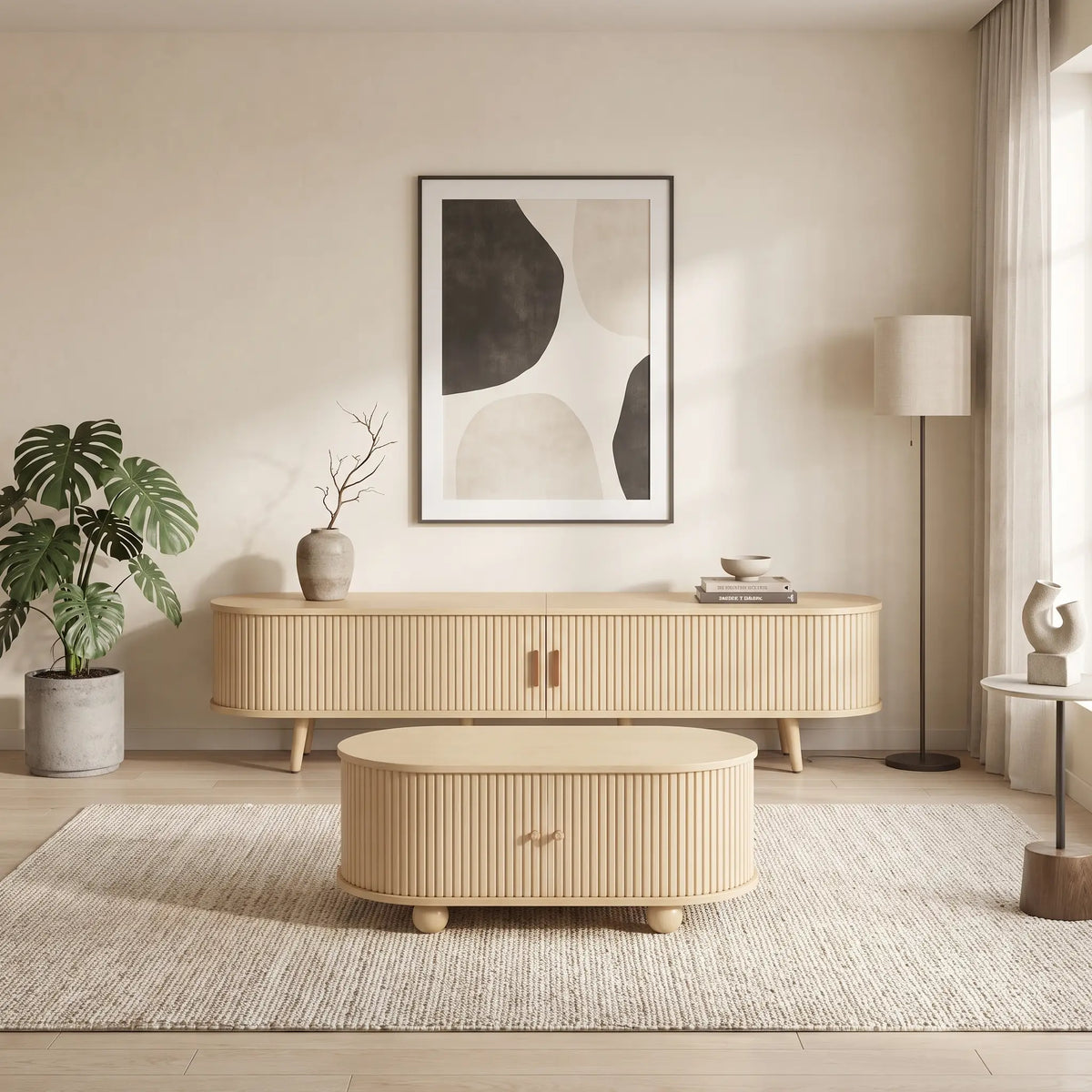 Meuble TV Japandi ovale noyer clair avec table basse assortie 175 x 42 cm