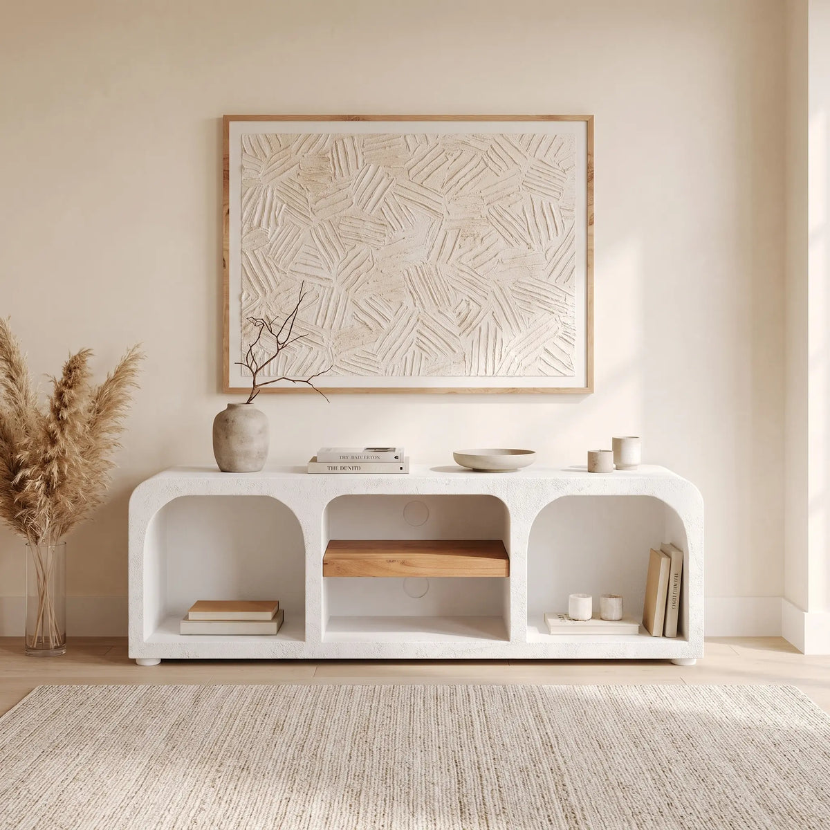 Meuble TV Japandi 4 niches en plâtre blanc cassé 140 x 45 cm - Fira