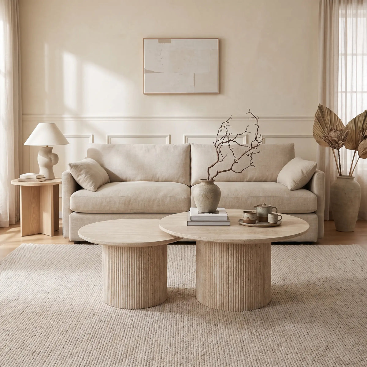 Lot de 2 tables basses Japandi gigognes rondes effet travertin beige Ø 80 cm - Esme