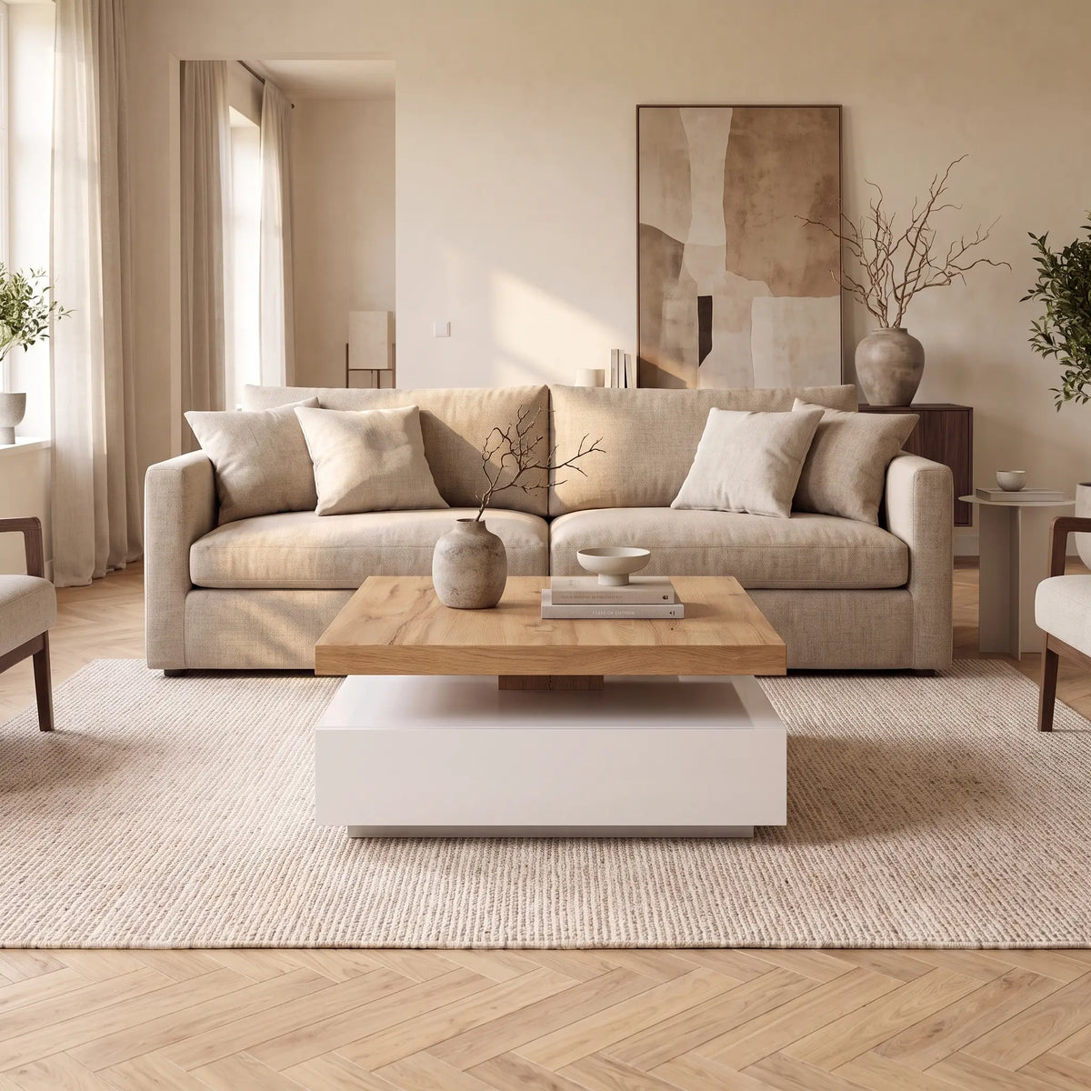 Table basse Japandi carrée pivotante avec 1 tiroir en MDF blanc et naturel 80 x 80 cm - Kyria