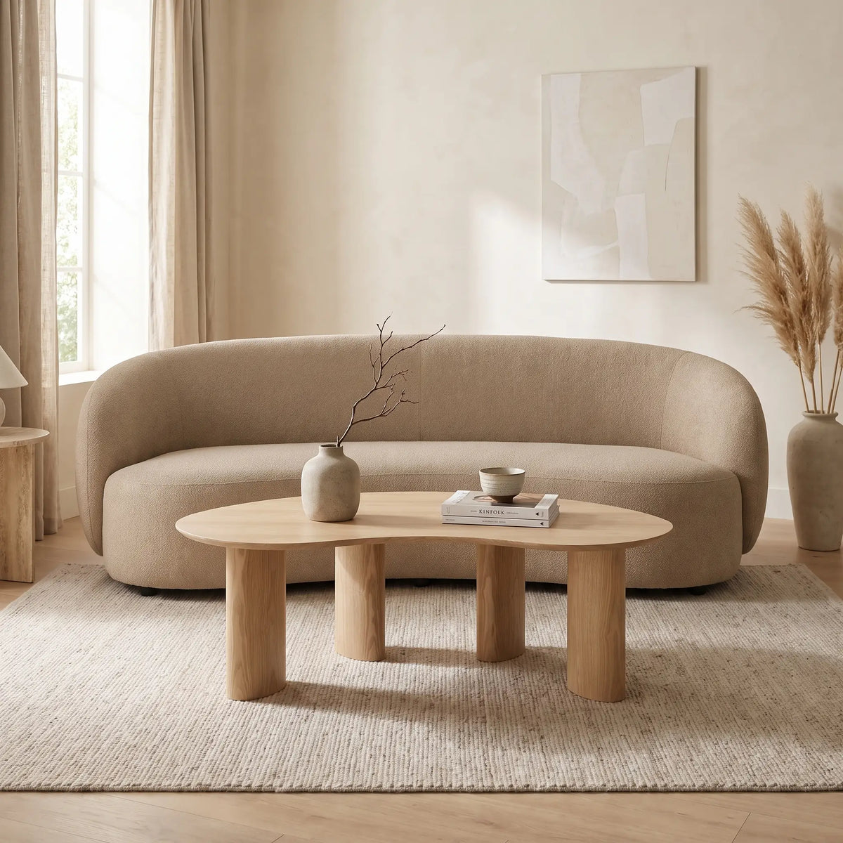 Table basse Japandi organique en placage de frêne naturel clair 120 x 70 cm - Calynor