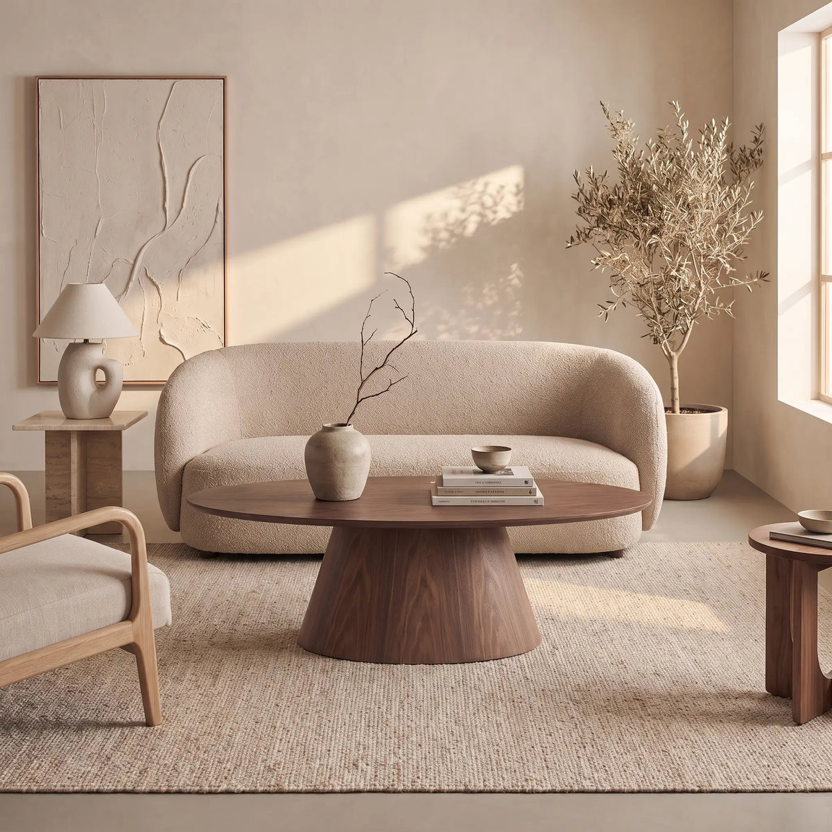 Table basse Japandi ovale en placage de noyer naturel foncé 120 x 60 cm - Antelada