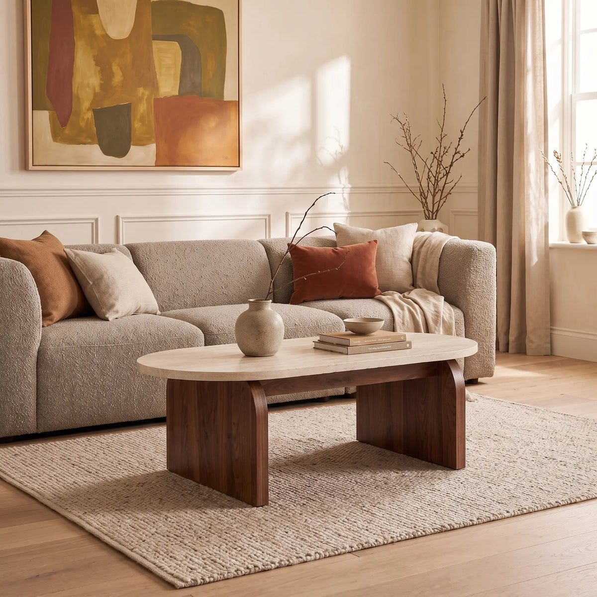 Table basse Japandi ovale en MDF effet travertin beige et naturel foncé 120 x 60 cm - Elrada