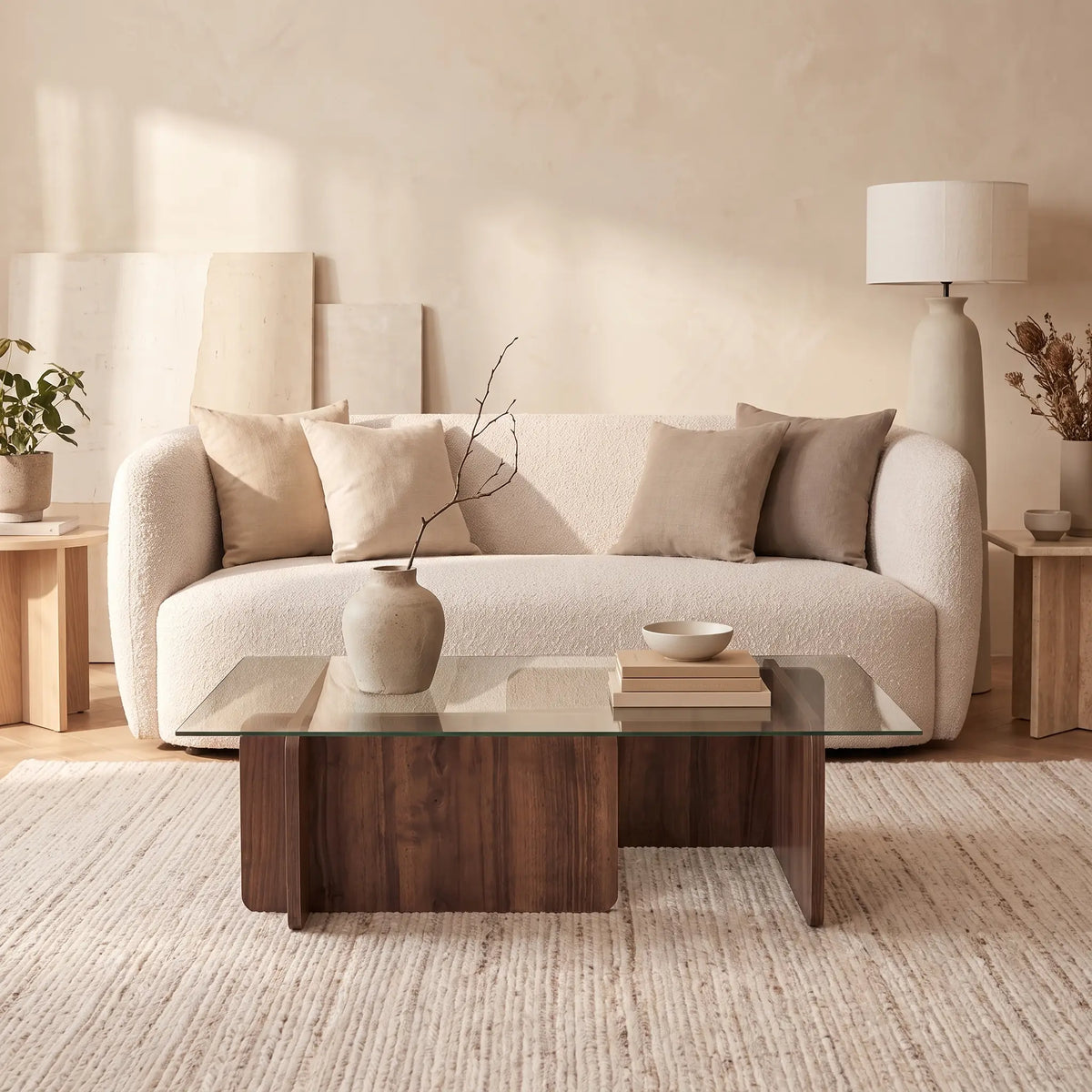 Table basse Japandi en verre trempé et piètement sculptural naturel foncé 105 x 65 cm - Azra