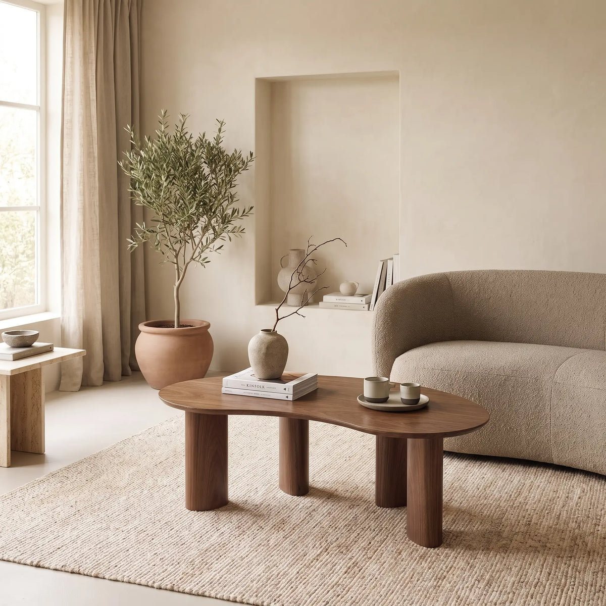 Table basse Japandi organique en placage de noyer naturel foncé 120 x 70 cm - Calynor