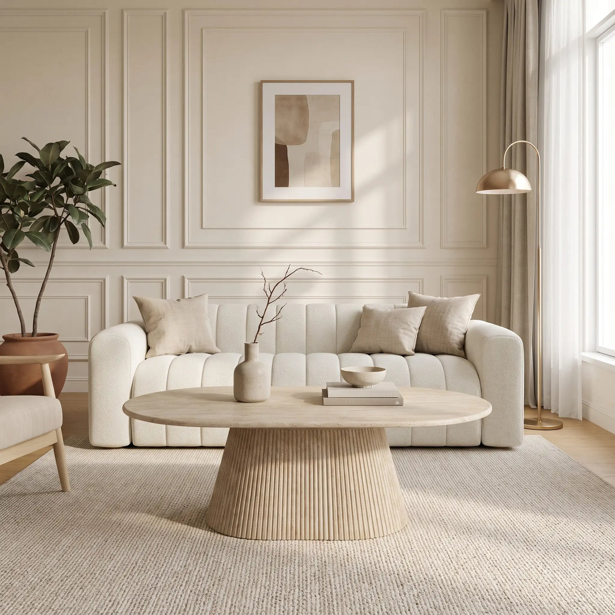 Table basse Japandi ovale en marbre artificiel effet travertin beige 120 x 70 cm - Tifuli