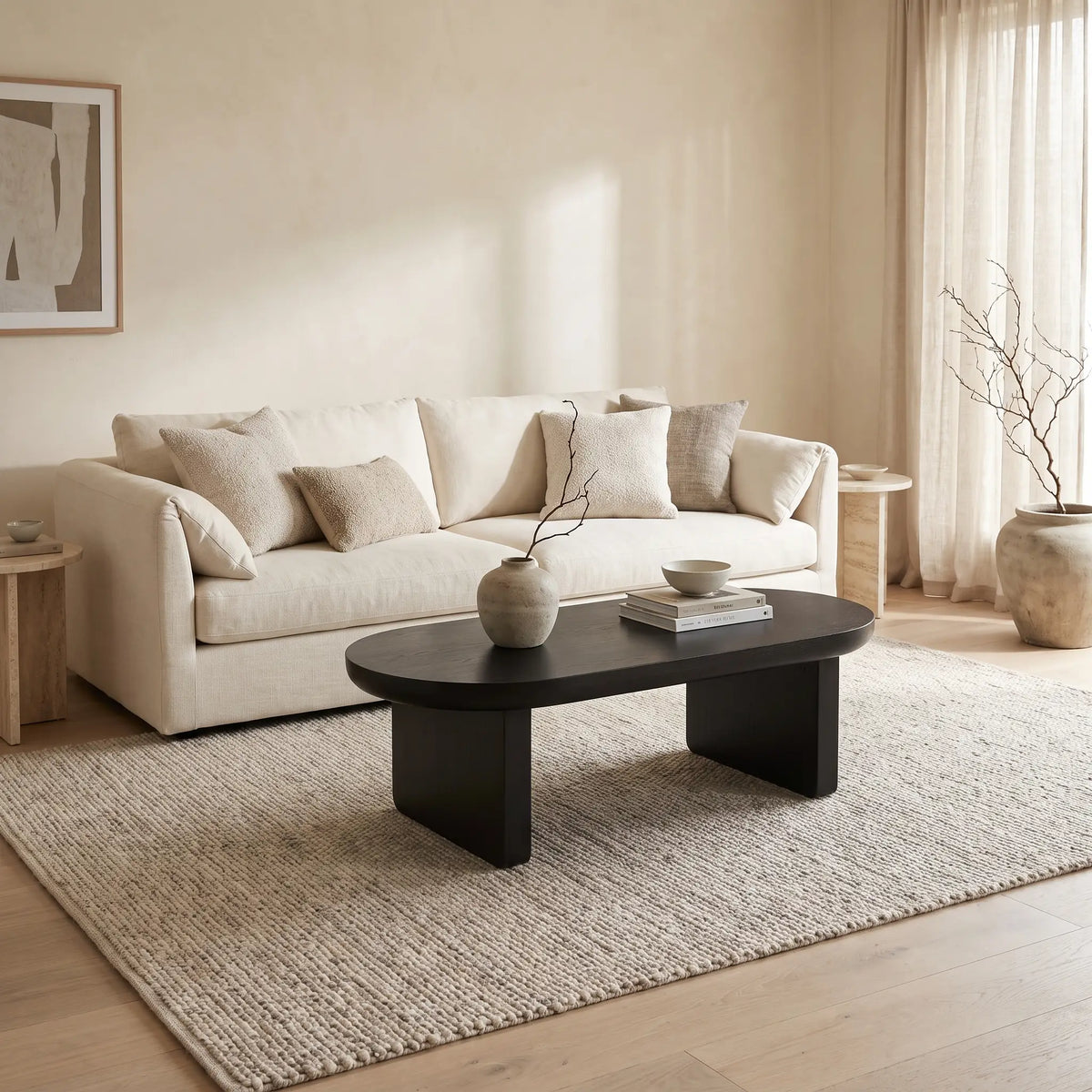 Table basse Japandi ovale en MDF laqué noir 119,7 x 49,8 cm