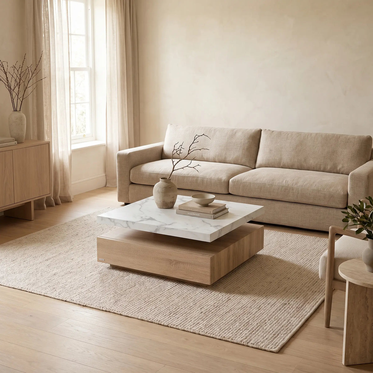 Table basse Japandi carrée pivotante avec 1 tiroir effet marbre blanc et naturel 80 x 80 cm - Kyria
