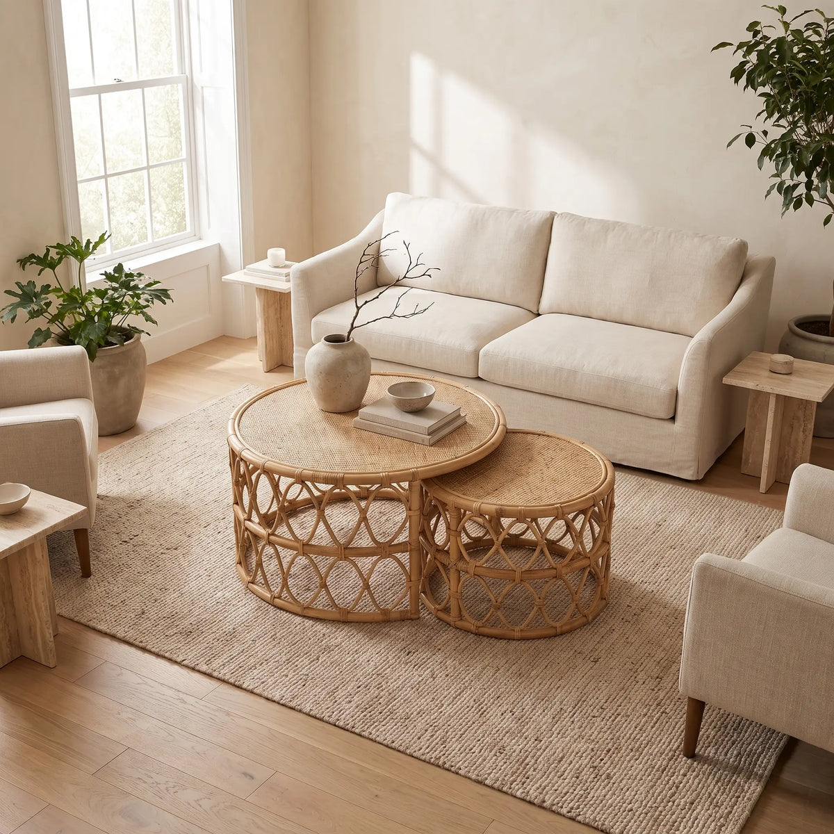 Lot de 2 tables basses Japandi gigognes rondes en rotin tressé naturel Ø 80 cm - Ronita