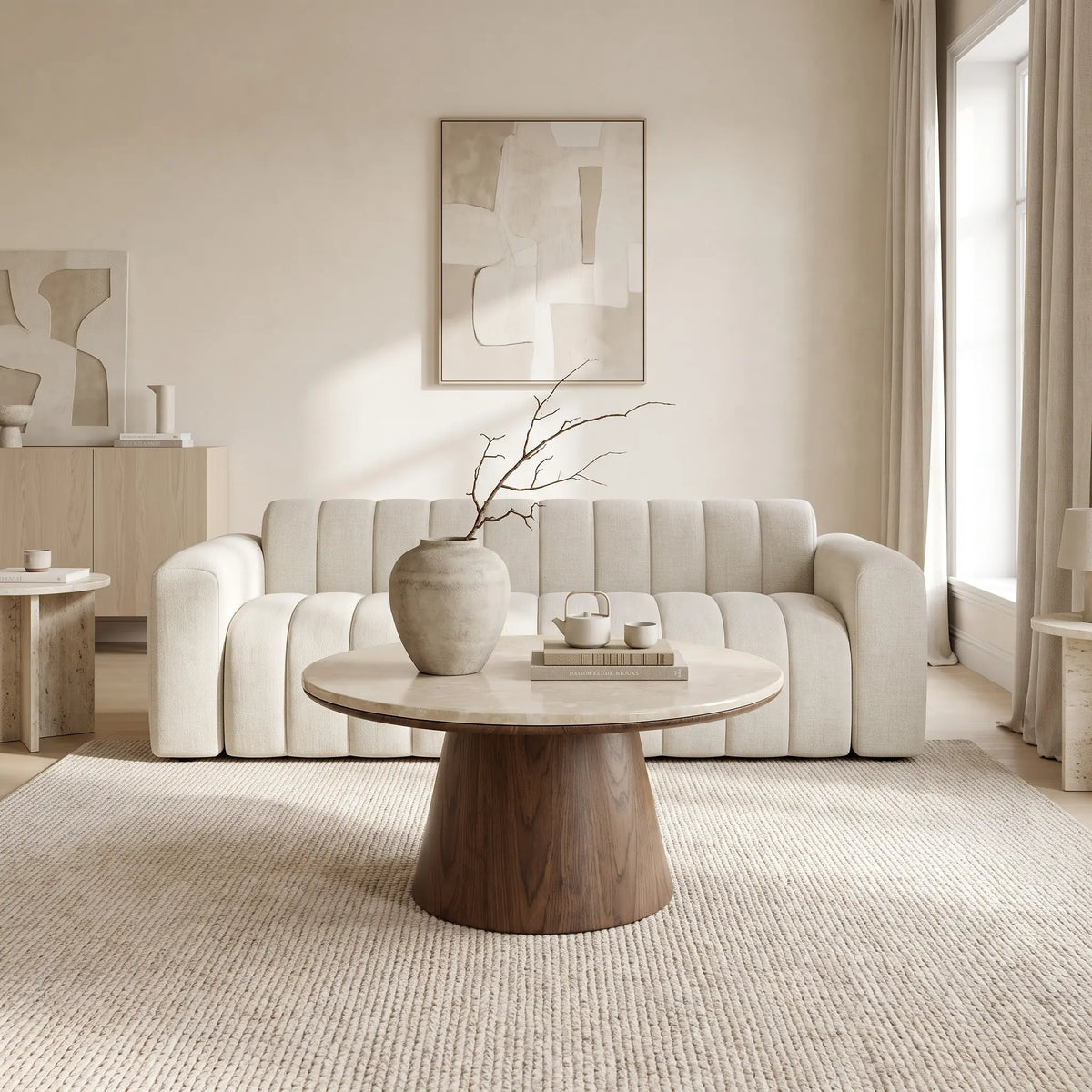 Table basse Japandi ronde en marbre beige et placage noyer Ø 80 cm - Sadura