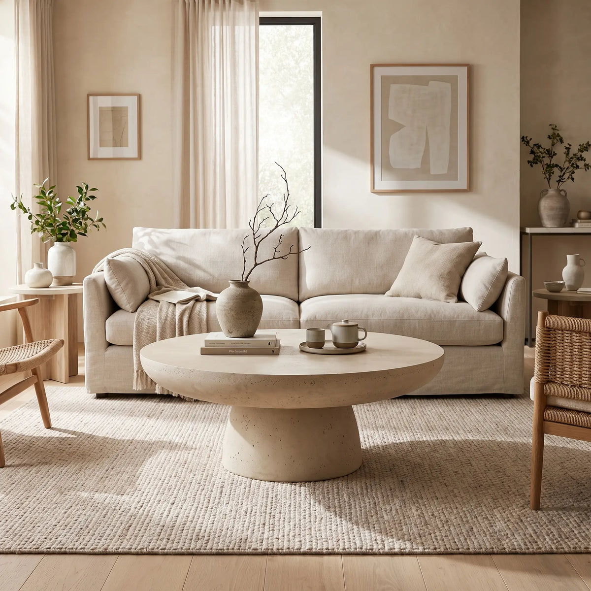 Table basse Japandi ronde en fibre d'argile effet béton beige Ø 90 cm - Paros