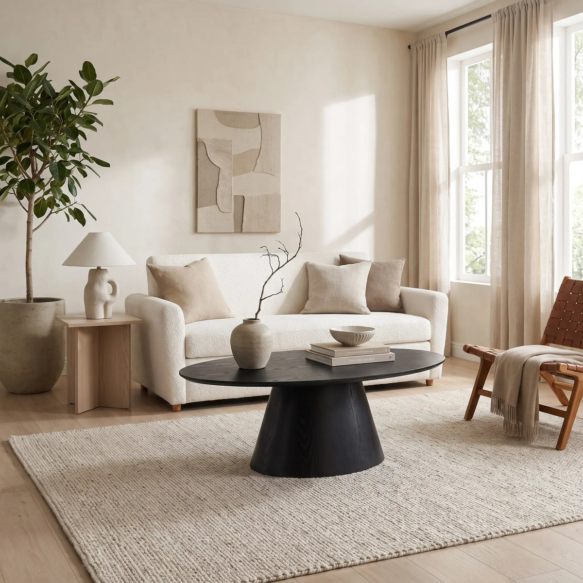 Table basse Japandi ovale en placage de frêne noir 120 x 60 cm - Antelada