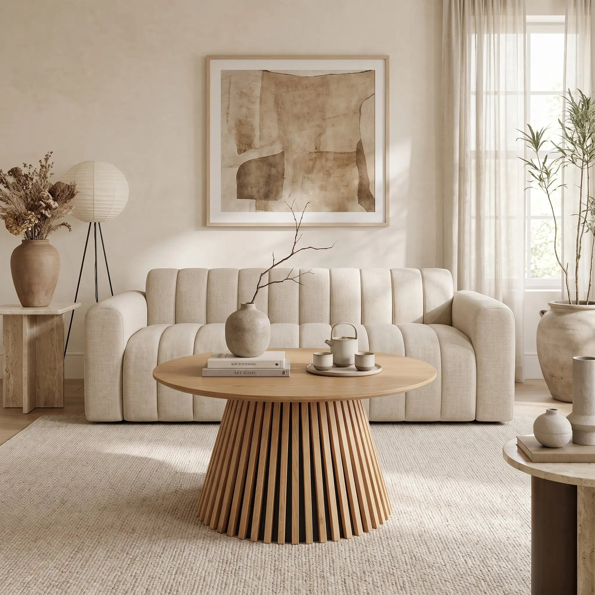 Table basse Japandi ronde en placage de chêne naturel clair Ø 90 cm - Carmiza