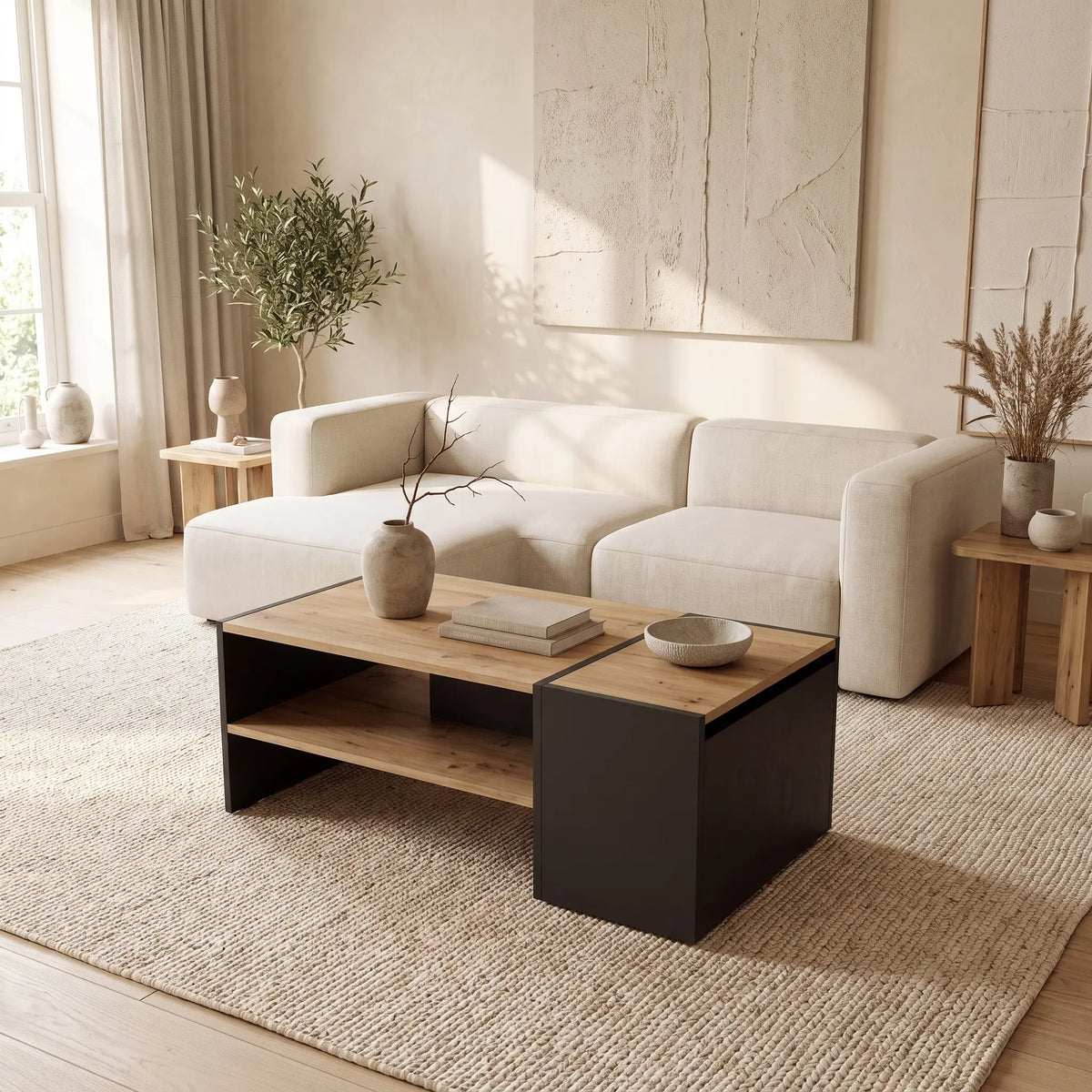 Table basse Japandi avec coffre de rangement mélaminé anthracite et naturel 110 x 60 cm - Velkan