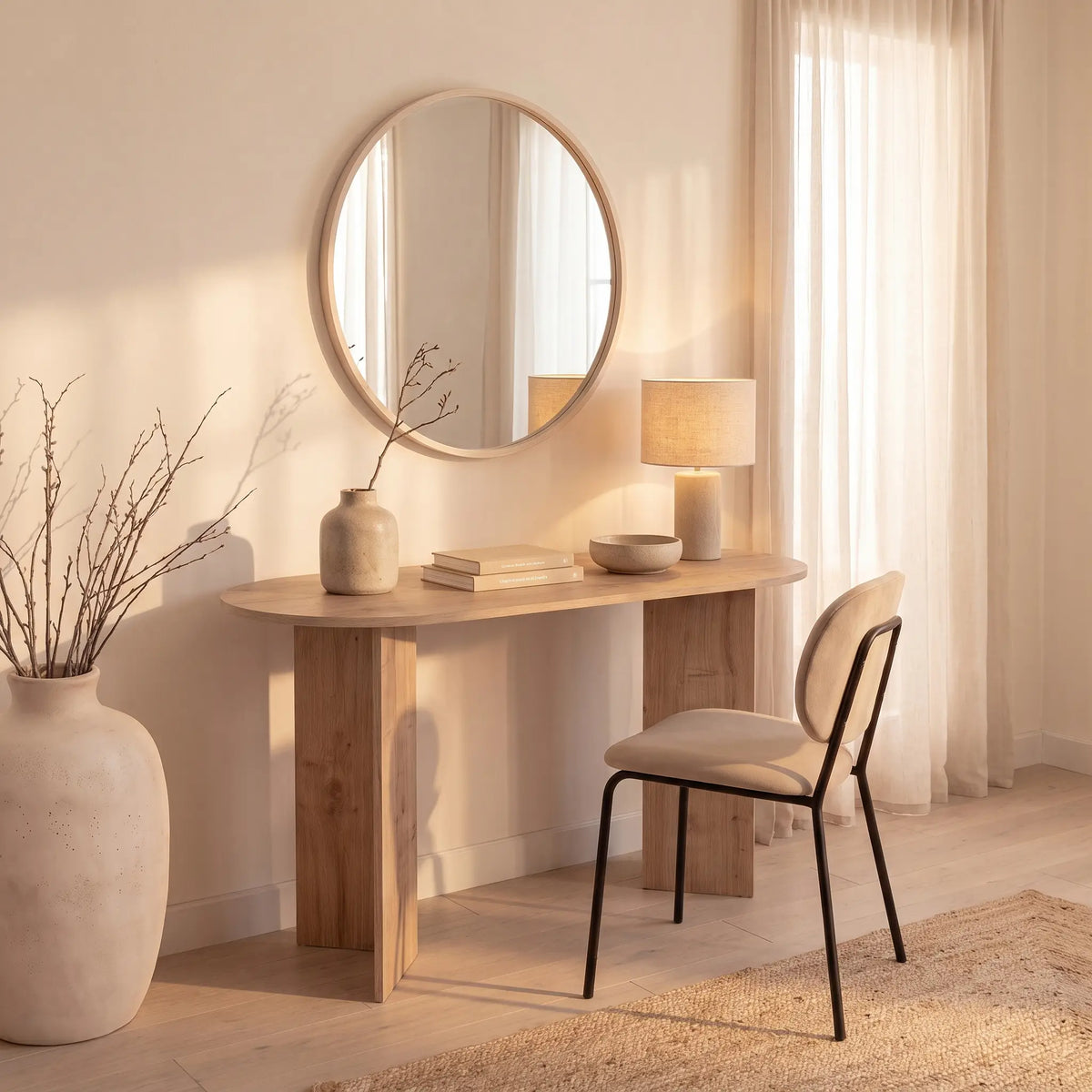 Bureau console Japandi aux lignes arrondies coloris naturel clair 140 x 74 cm - Topania