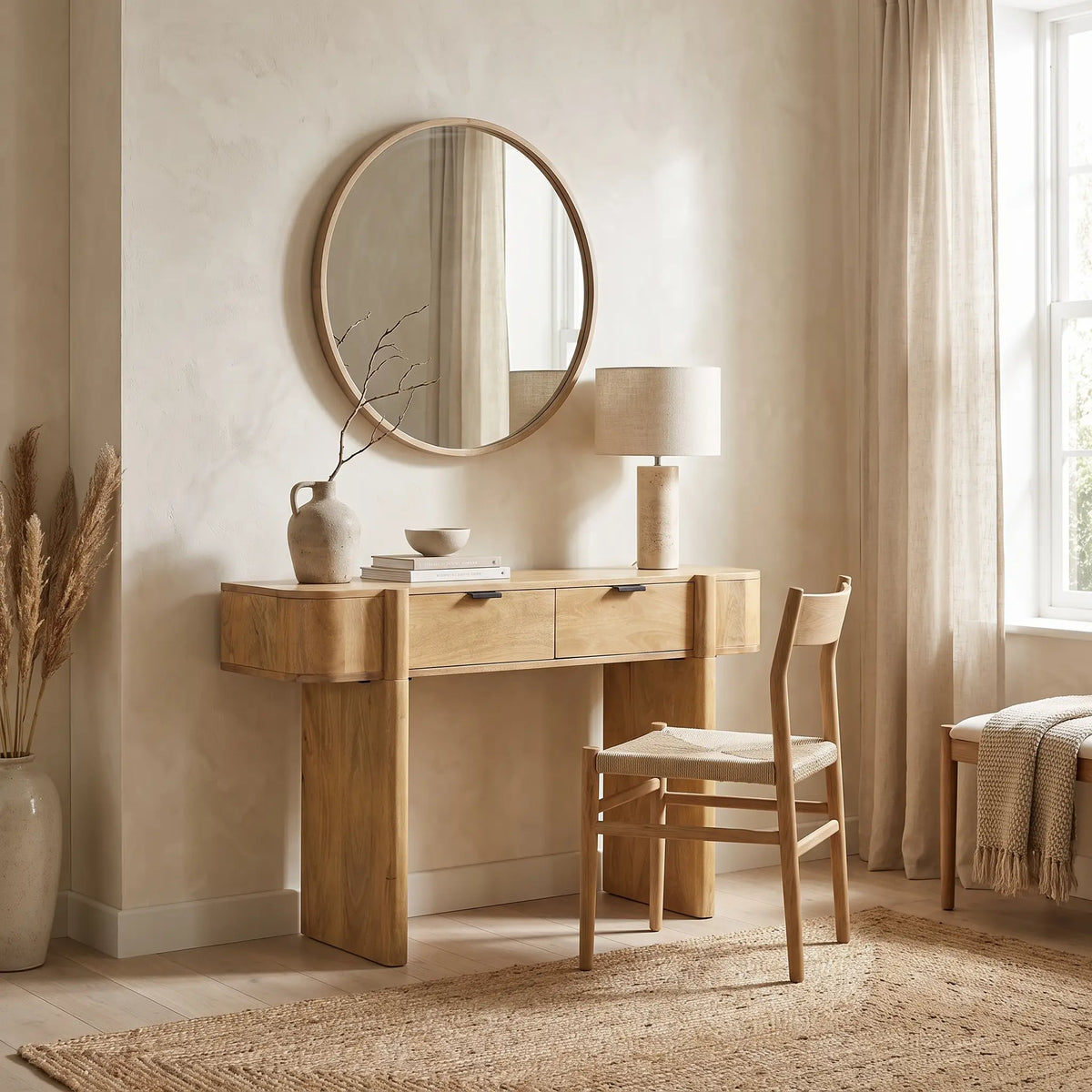Bureau console Japandi 2 tiroirs en bois de manguier naturel 120 x 76,5 cm - Melyran