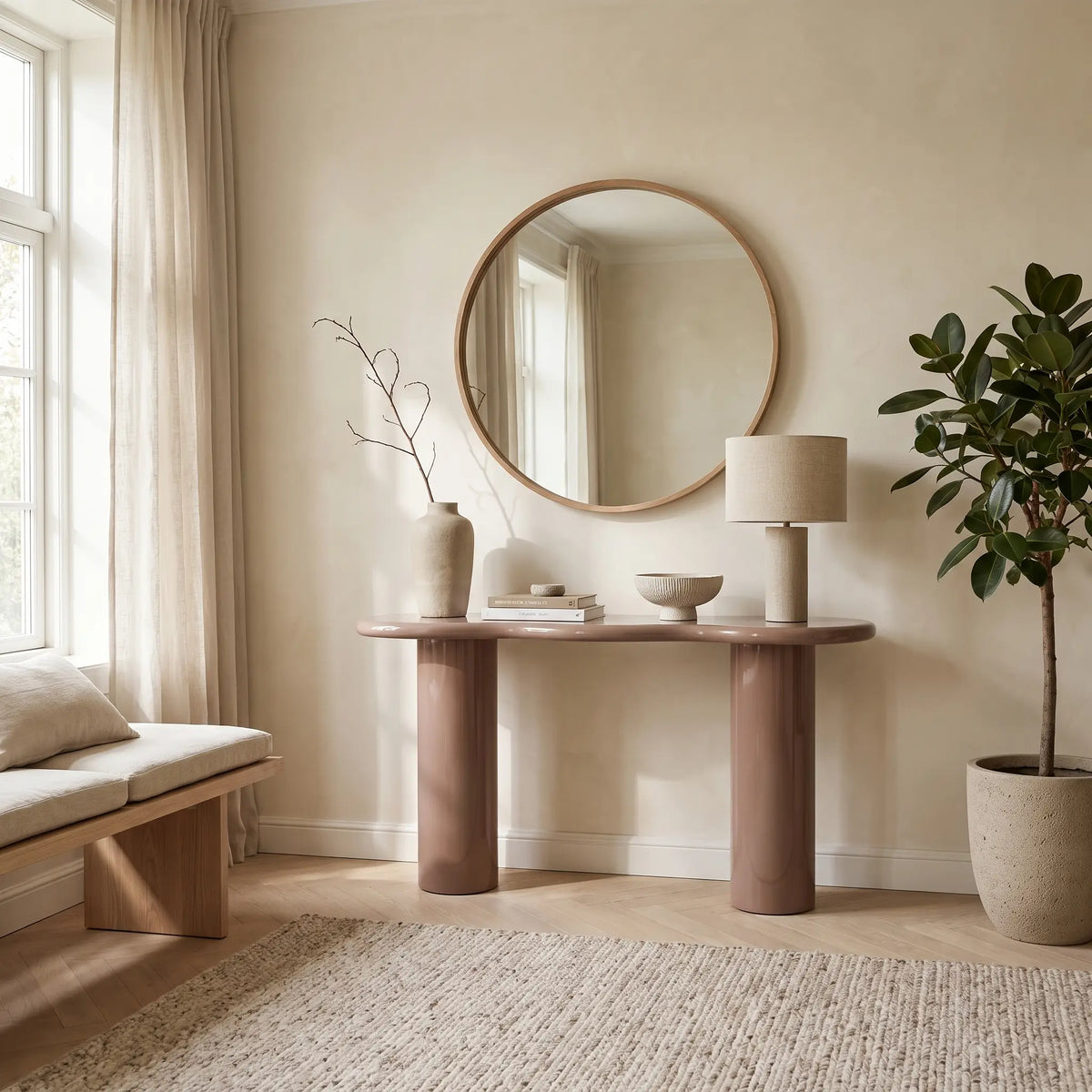 Console Japandi organique en MDF laqué marron 120 x 76 cm - Noboka