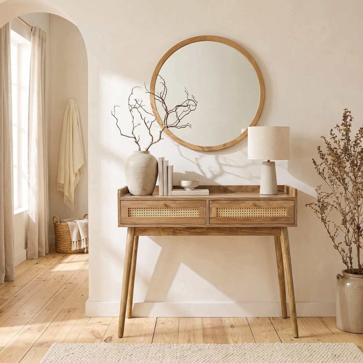 Console Japandi 2 tiroirs en rotin et bois naturel 100 x 85 cm - Palmo