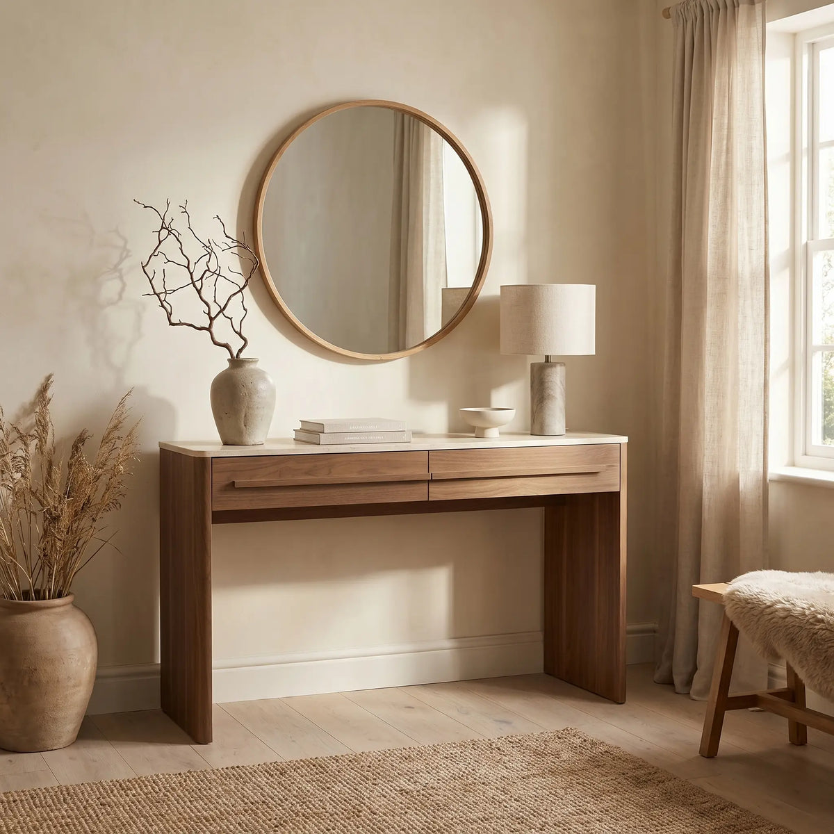Console Japandi 2 tiroirs décor noyer et effet travertin 120 x 74 cm - Aretha