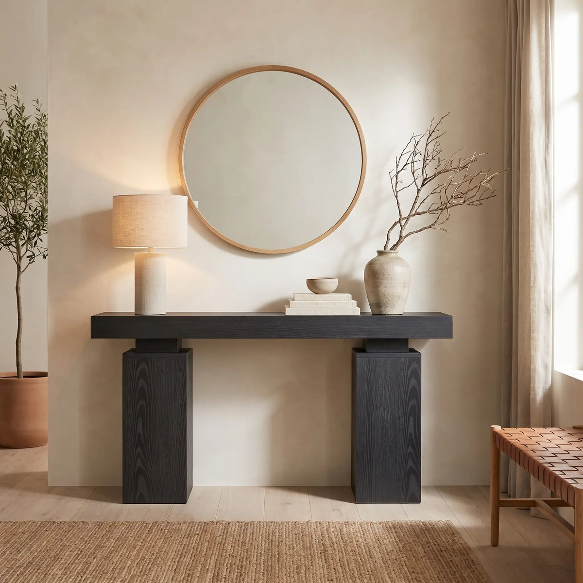 Console Japandi longue 2 pieds carrés en MDF effet bois noir 160 x 85 cm