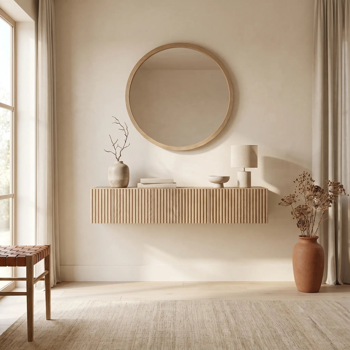 Console Japandi murale 1 tiroir aspect chêne huilé 90 x 17 cm - Nolie