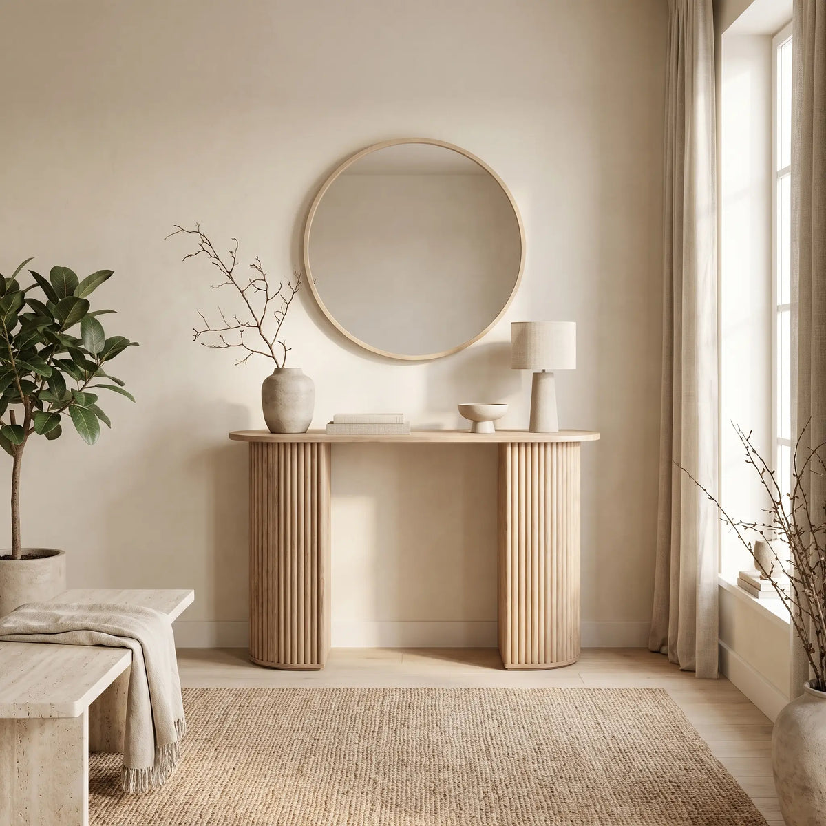 Console Japandi cannelée 2 compartiments cachés en bois de paulownia naturel 110 x 74 cm - Trena