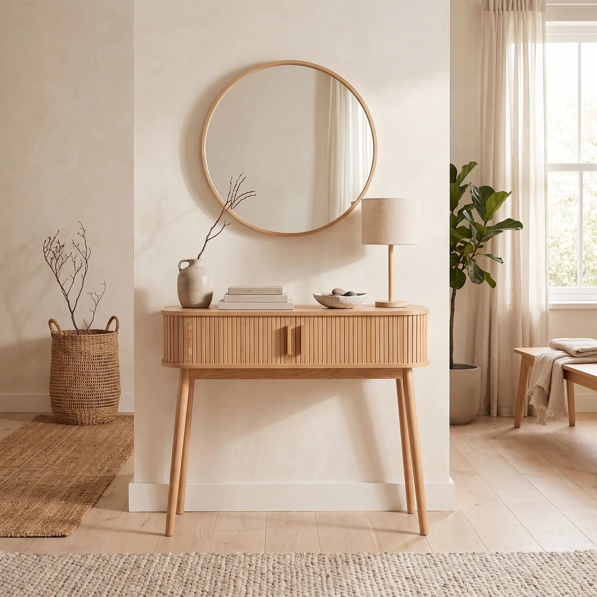 Console Japandi 2 portes coulissantes décor chêne clair et pieds en pin 100 x 81 cm - Ernest