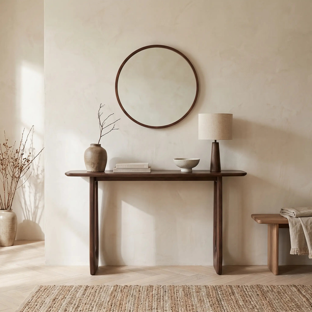 Console Japandi pieds arches en bois de manguier massif marron foncé 150 x 80 cm - Maya