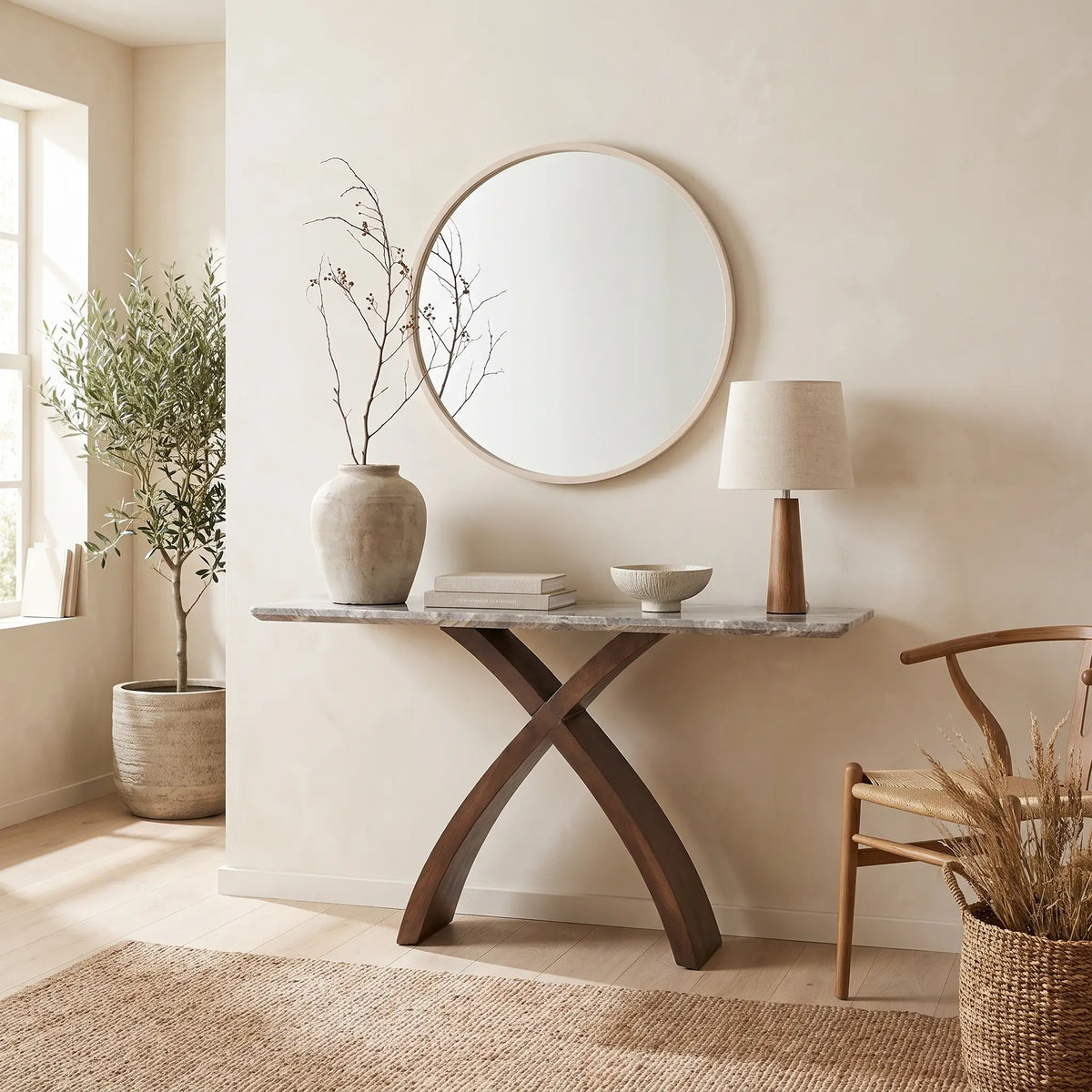 Console Japandi piètement croisé en bois de manguier et plateau marbre 140 x 78 cm - Zelia