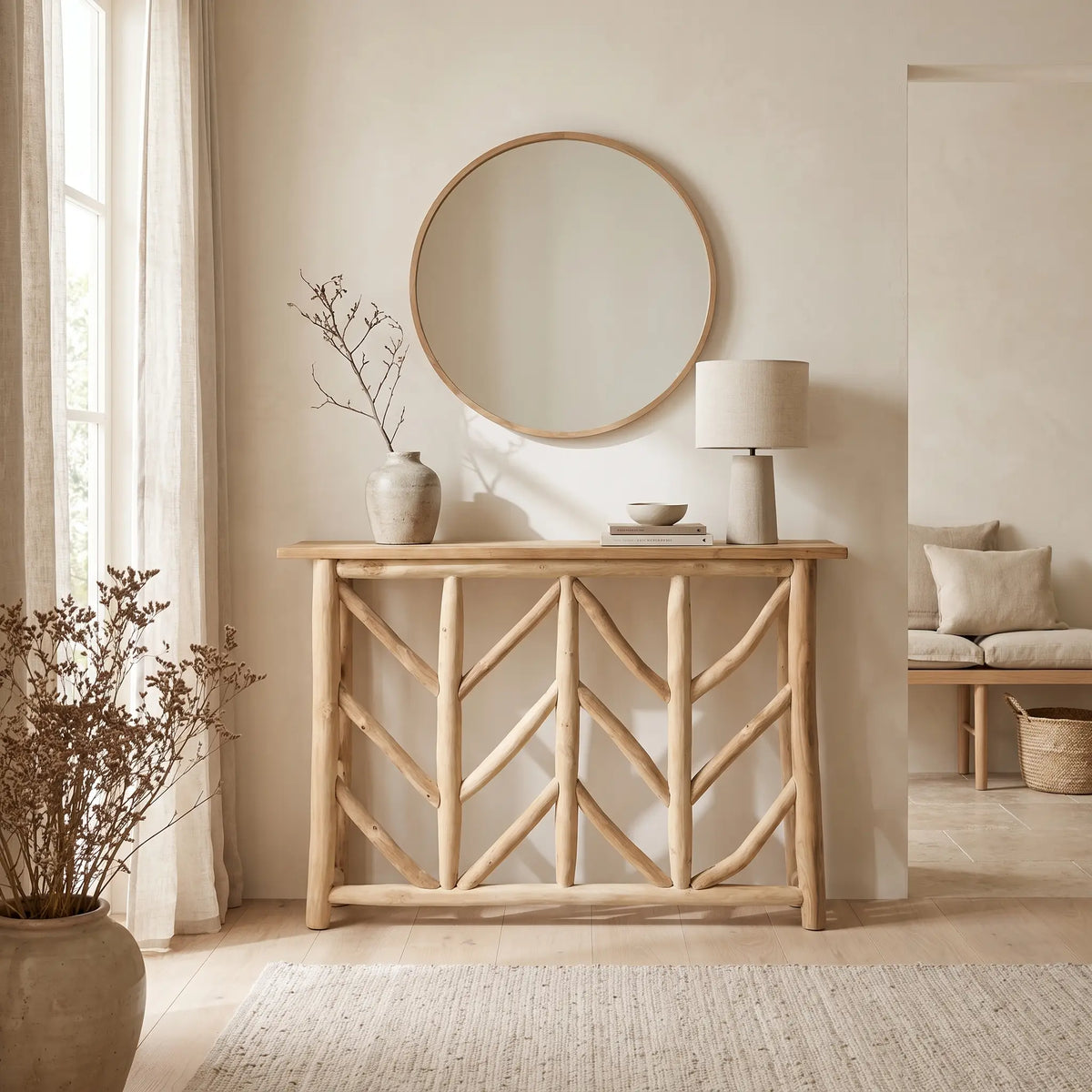 Console Japandi piètement ajouré en bois de teck naturel 120 x 85 cm - Will