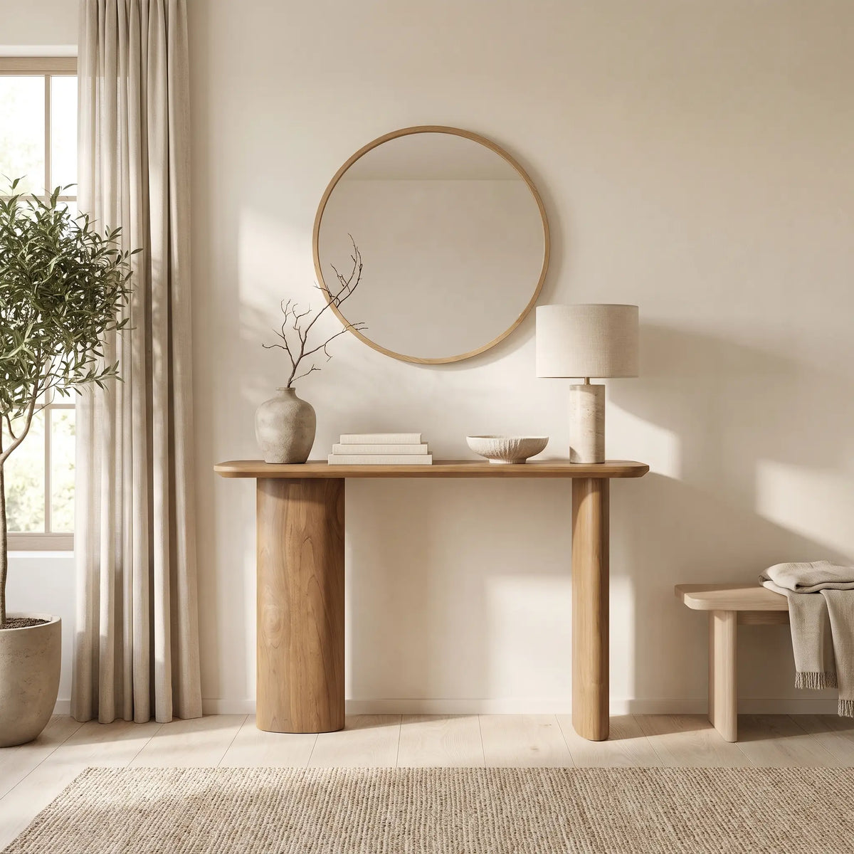 Console Japandi pieds galbés en teck massif naturel 120 x 75 cm - Calma